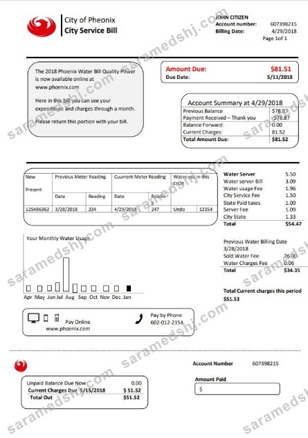 USA Arizona City of Phoenix utility bill template in Word and PDF format